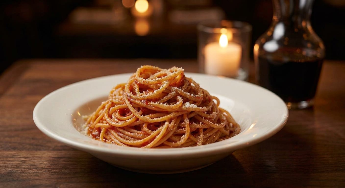 Spaghetti al pomodoro, edited: "shave parmesan over the top"
