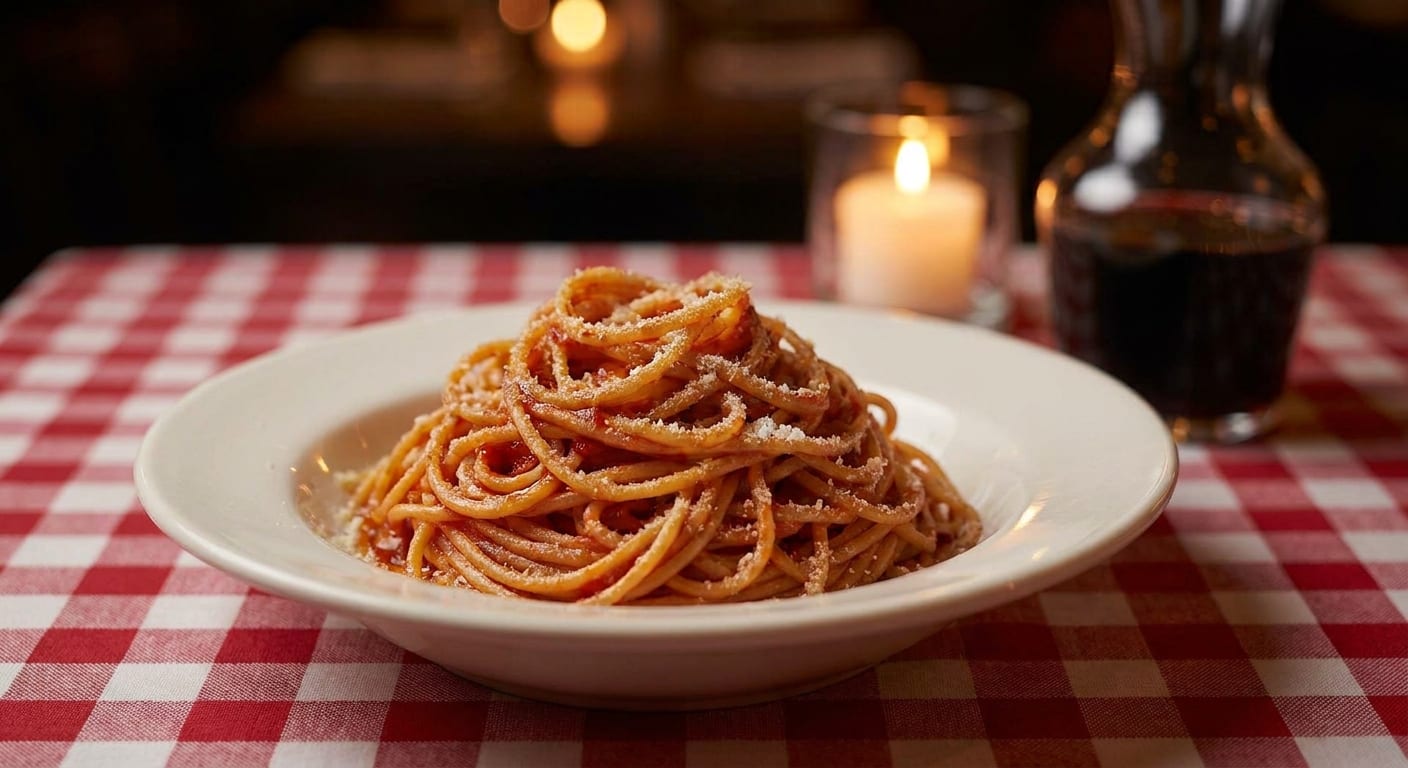 Spaghetti al pomodoro, edited: "set it on a red checkered tablecloth"